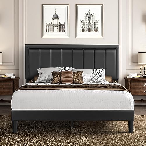 Catrimown Queen Size Bed Frame with LED Lights, Upholstered Bed Frame Queen with Faux Leather Adjustable Headboard, Wood Slat Support, No Box Spring Needed, Easy Assembly, Black