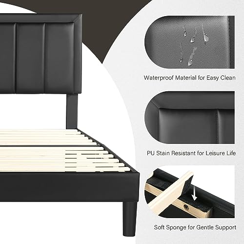 Catrimown Queen Size Bed Frame with LED Lights, Upholstered Bed Frame Queen with Faux Leather Adjustable Headboard, Wood Slat Support, No Box Spring Needed, Easy Assembly, Black