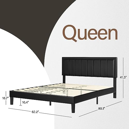 Catrimown Queen Size Bed Frame with LED Lights, Upholstered Bed Frame Queen with Faux Leather Adjustable Headboard, Wood Slat Support, No Box Spring Needed, Easy Assembly, Black