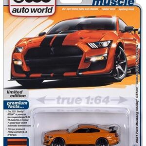 2021 Shelby GT500 Carbon Fiber Track Pack Twister Orange with Black Stripes Modern Muscle Limited Edition 1/64 Diecast Model Car by Auto World 64412-AWSP136B