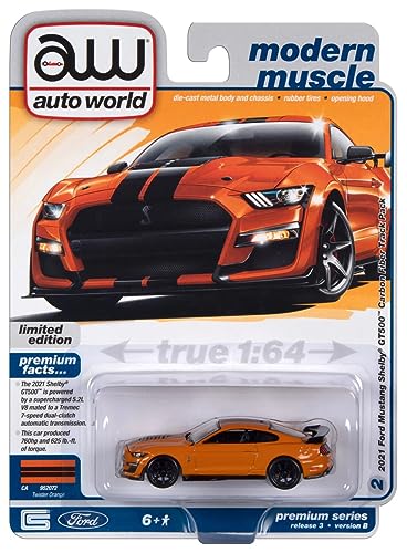 2021 Shelby GT500 Carbon Fiber Track Pack Twister Orange with Black Stripes Modern Muscle Limited Edition 1/64 Diecast Model Car by Auto World 64412-AWSP136B