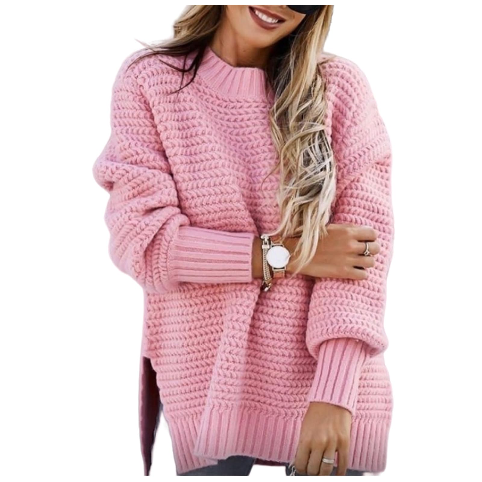 2023 Oversized Turtleneck Sweater for Women Side Split Tops Casual Loose Solid Kint Pullover for Fall/Winter Pink