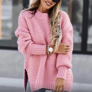 2023 Oversized Turtleneck Sweater for Women Side Split Tops Casual Loose Solid Kint Pullover for Fall/Winter Pink