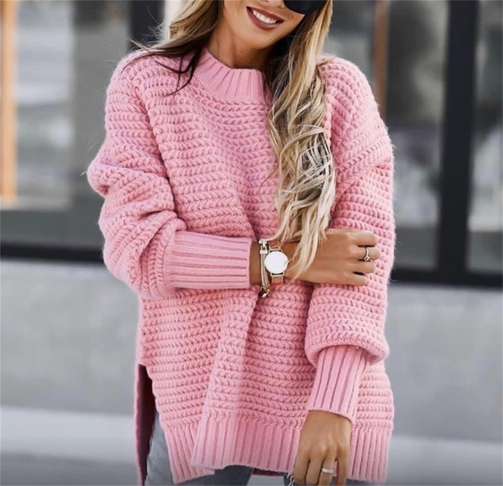 2023 Oversized Turtleneck Sweater for Women Side Split Tops Casual Loose Solid Kint Pullover for Fall/Winter Pink