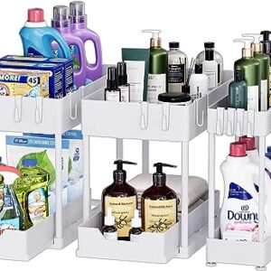 3 Pack MUzizy Under Sink Organizer Pull Out Under Sink Storage, 2 Tier Multi-Purpose Sliding Under the Sink Organizer Bathroom Kitchen Sink Organizer Under Cabinet Shelf for Cleaning Supplies -White