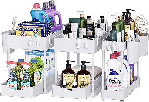 3 Pack MUzizy Under Sink Organizer Pull Out Under Sink Storage, 2 Tier Multi-Purpose Sliding Under the Sink Organizer Bathroom Kitchen Sink Organizer Under Cabinet Shelf for Cleaning Supplies -White