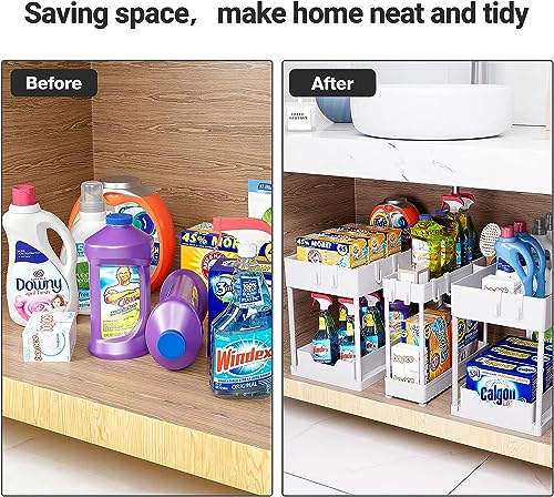 3 Pack MUzizy Under Sink Organizer Pull Out Under Sink Storage, 2 Tier Multi-Purpose Sliding Under the Sink Organizer Bathroom Kitchen Sink Organizer Under Cabinet Shelf for Cleaning Supplies -White