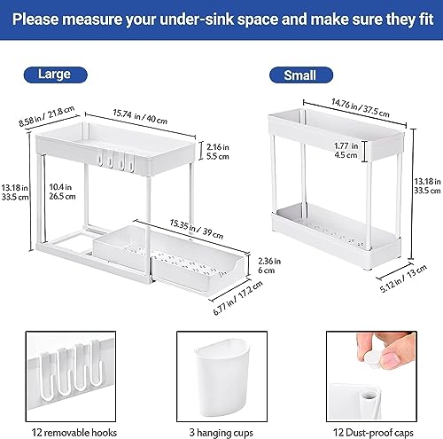 3 Pack MUzizy Under Sink Organizer Pull Out Under Sink Storage, 2 Tier Multi-Purpose Sliding Under the Sink Organizer Bathroom Kitchen Sink Organizer Under Cabinet Shelf for Cleaning Supplies -White