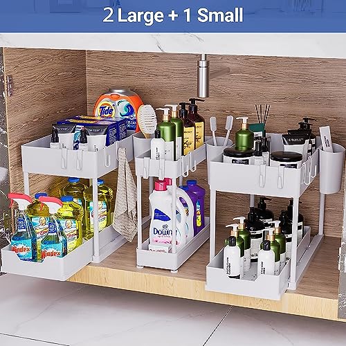 3 Pack MUzizy Under Sink Organizer Pull Out Under Sink Storage, 2 Tier Multi-Purpose Sliding Under the Sink Organizer Bathroom Kitchen Sink Organizer Under Cabinet Shelf for Cleaning Supplies -White