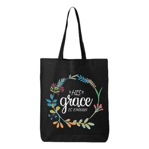shop4ever his grace is enough christian floral eco cotton tote reusable shopping bag black eco 1