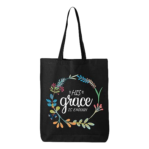 shop4ever His Grace is Enough Christian Floral Eco Cotton Tote Reusable Shopping Bag Black ECO 1