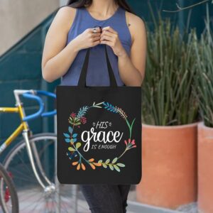 shop4ever His Grace is Enough Christian Floral Eco Cotton Tote Reusable Shopping Bag Black ECO 1