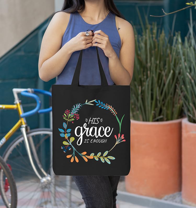 shop4ever His Grace is Enough Christian Floral Eco Cotton Tote Reusable Shopping Bag Black ECO 1