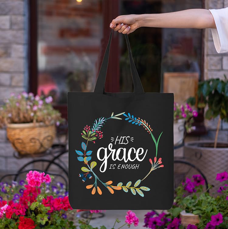 shop4ever His Grace is Enough Christian Floral Eco Cotton Tote Reusable Shopping Bag Black ECO 1