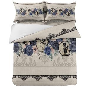 Blue Black Rose Skull Halloween Duvet Cover Sets 4 Piece Twin Ultra Soft Bed Quilt Cover Set for Kids/Teens/Women/Men,Retro Floral Vintage Linen Bedding Collection All Season Use