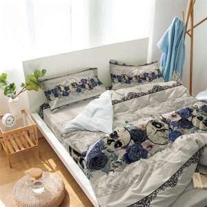 Blue Black Rose Skull Halloween Duvet Cover Sets 4 Piece Twin Ultra Soft Bed Quilt Cover Set for Kids/Teens/Women/Men,Retro Floral Vintage Linen Bedding Collection All Season Use