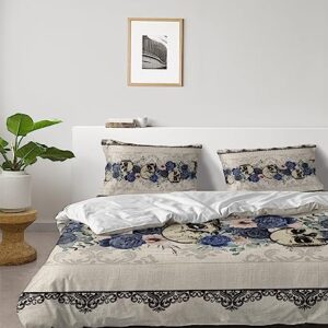 Blue Black Rose Skull Halloween Duvet Cover Sets 4 Piece Twin Ultra Soft Bed Quilt Cover Set for Kids/Teens/Women/Men,Retro Floral Vintage Linen Bedding Collection All Season Use