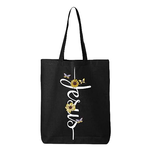 shop4ever Jesus Script Cross with Flowers and Butterflies Eco Cotton Tote Reusable Shopping Bag Black ECO 1