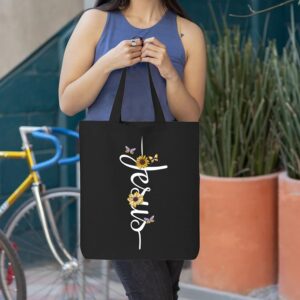 shop4ever Jesus Script Cross with Flowers and Butterflies Eco Cotton Tote Reusable Shopping Bag Black ECO 1