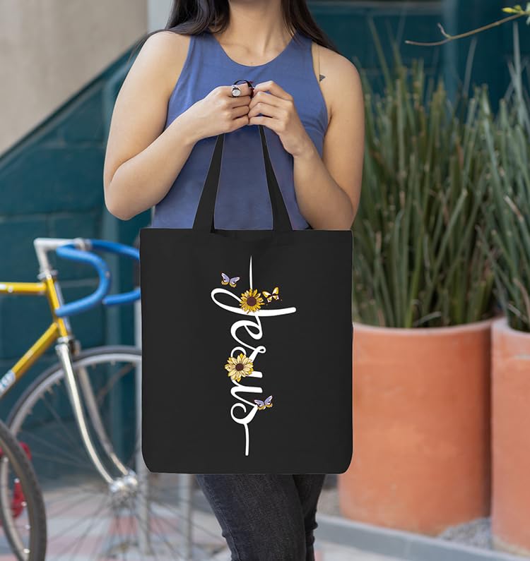 shop4ever Jesus Script Cross with Flowers and Butterflies Eco Cotton Tote Reusable Shopping Bag Black ECO 1