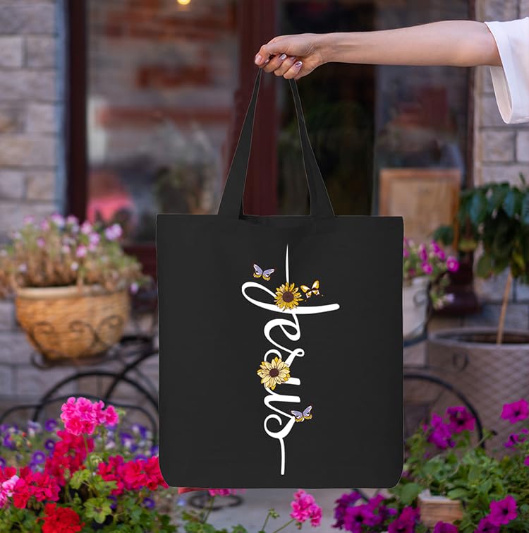 shop4ever Jesus Script Cross with Flowers and Butterflies Eco Cotton Tote Reusable Shopping Bag Black ECO 1