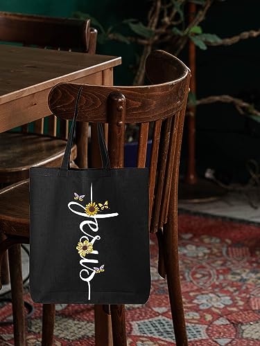 shop4ever Jesus Script Cross with Flowers and Butterflies Eco Cotton Tote Reusable Shopping Bag Black ECO 1