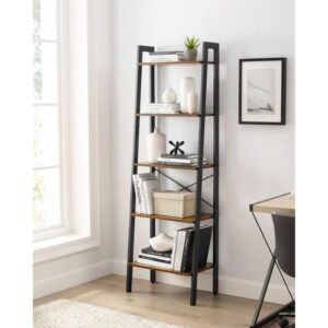 ladder shelf, 5-tier bookshelf, storage rack, bookcase with steel frame, for living room, home office, kitchen, bedroom, industrial style, rustic brown and black