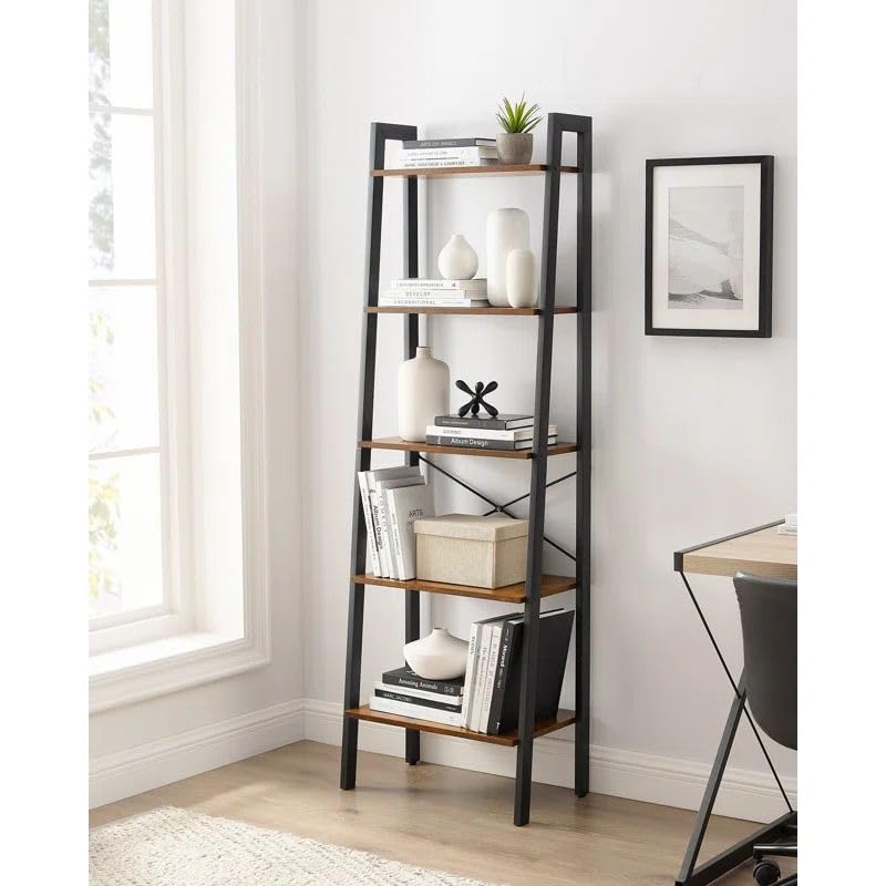 Ladder Shelf, 5-Tier Bookshelf, Storage Rack, Bookcase with Steel Frame, for Living Room, Home Office, Kitchen, Bedroom, Industrial Style, Rustic Brown and Black