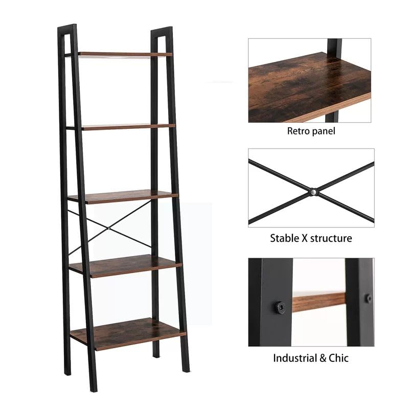 Ladder Shelf, 5-Tier Bookshelf, Storage Rack, Bookcase with Steel Frame, for Living Room, Home Office, Kitchen, Bedroom, Industrial Style, Rustic Brown and Black