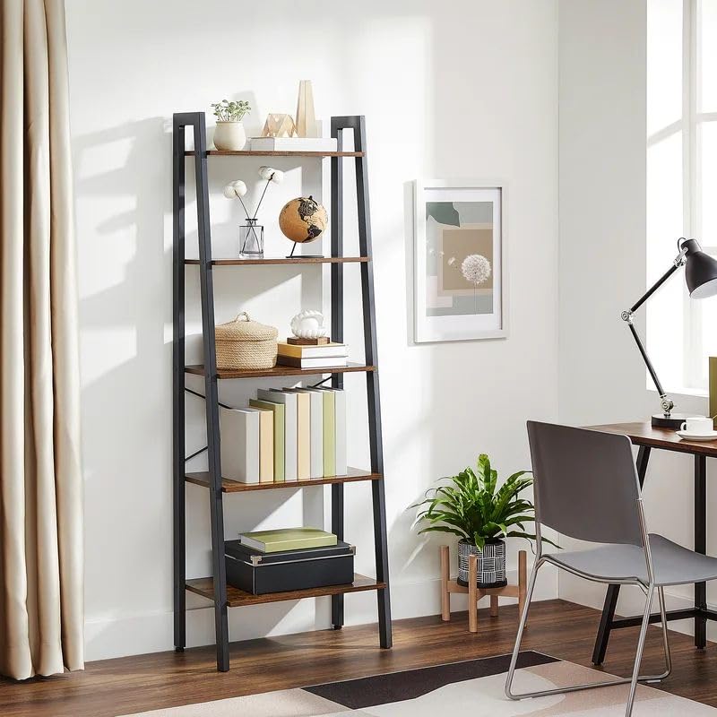 Ladder Shelf, 5-Tier Bookshelf, Storage Rack, Bookcase with Steel Frame, for Living Room, Home Office, Kitchen, Bedroom, Industrial Style, Rustic Brown and Black