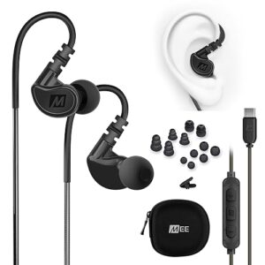 mee audio m6 sport usb-c wired earbuds with memory wire earhooks, headset with mic & 3-button remote for iphone 15, ipad, other usb type c devices; in ear headphones for running/gym/workouts, black