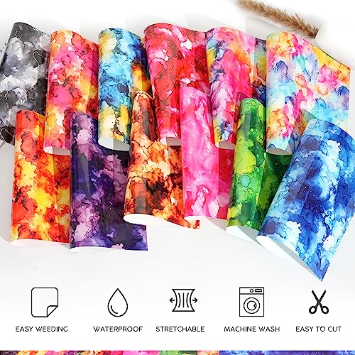 Watercolor Heat Transfer Vinyl,12" x 10",Ink Pattern Iron-on Vinyl Tie Dye Print HTV Rolls Bundle for T-Shirts Clothes Fabric,Heat Press Vinyl DIY Supplies