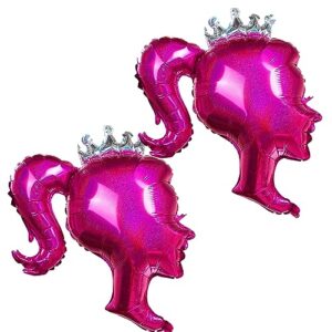 2pcs hot pink princess foil balloon girl head balloons pink crown doll balloons for princess theme party decorations photo booth backdrop little girl adult bachelorette makeup birthday supply