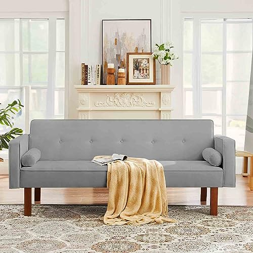 RIDFY 75” Modern Folding Futon Sofa Bed, Convertible Sleeper Couch with Wood Legs/Armrests/Pillows, Upholstered Loveseat for Small Space, Memory Foam Living Seat for Apartment/Office (Gray)