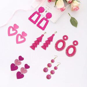 cnskoe Pink Earrings for Women Dangling Barbie Earings Dangle Heart Rectangle Dangle Tassel Lightweight Statement Jewelry （6 Pairs）