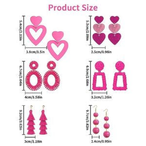 cnskoe Pink Earrings for Women Dangling Barbie Earings Dangle Heart Rectangle Dangle Tassel Lightweight Statement Jewelry （6 Pairs）