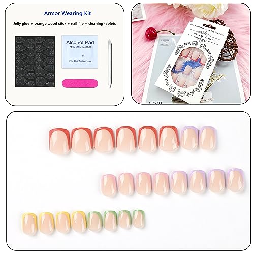 Square Press on Nails Extra Short Cute Rainbow Color French Tip Nails Acrylic False Nails with Designs Artificial Nails Press ons Reusable Glue on Nails for Women and Girls 24 Pcs