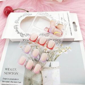 Square Press on Nails Extra Short Cute Rainbow Color French Tip Nails Acrylic False Nails with Designs Artificial Nails Press ons Reusable Glue on Nails for Women and Girls 24 Pcs