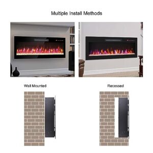 60 inch Recessed Ultra Thin Tempered Glass Front Wall Mounted Electric Fireplace with Remote and Multi Color Flame & Emberbed, LED Light Heater