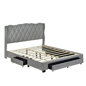 YUNLife&Home Queen Size Bed Frame with 3 Storage Drawers,Upholstered Storage Platform Bed Frame with Tufted Headboard/Wooden Slat Support/No Box Spring Needed for Bedroom Guest Room