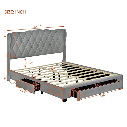 YUNLife&Home Queen Size Bed Frame with 3 Storage Drawers,Upholstered Storage Platform Bed Frame with Tufted Headboard/Wooden Slat Support/No Box Spring Needed for Bedroom Guest Room