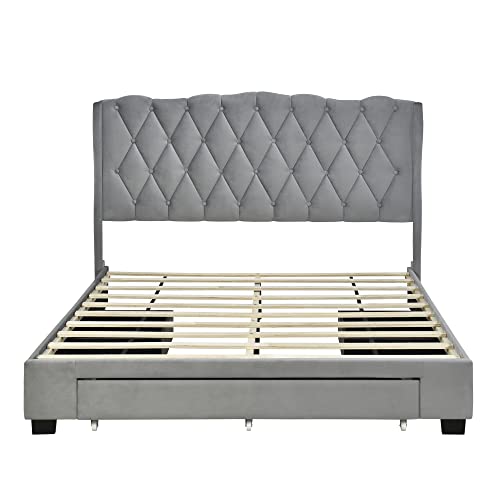 YUNLife&Home Queen Size Bed Frame with 3 Storage Drawers,Upholstered Storage Platform Bed Frame with Tufted Headboard/Wooden Slat Support/No Box Spring Needed for Bedroom Guest Room