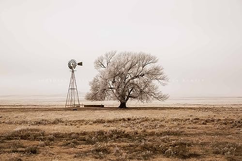 Country Photography Print (Not Framed) Sepia Picture of Old Windmill and Tree Covered in Frost on Winter Day in New Mexico Western Wall Art Farmhouse Decor (30" x 40")