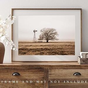 Country Photography Print (Not Framed) Sepia Picture of Old Windmill and Tree Covered in Frost on Winter Day in New Mexico Western Wall Art Farmhouse Decor (30" x 40")