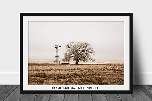 Country Photography Print (Not Framed) Sepia Picture of Old Windmill and Tree Covered in Frost on Winter Day in New Mexico Western Wall Art Farmhouse Decor (30" x 40")