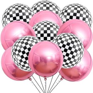 katchon, metallic pink balloons - pack of 24 | pink foil balloons, checkered flag balloons | black and white checkered balloons for pink birthday party decorations and race car birthday party supplies