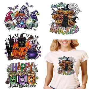4 sheets halloween iron on patches pumpkin bat iron on transfer stickers cute design heat transfer vinyl decals with black cat skull spider web halloween patches for clothes shirts bag craft diy decor