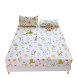 100% cotton fitted sheet with elastic bands + 2pc pillowcases non slip bed sheet floral single double twin twin-xl king queen cal-king bed b84 (queen (u.s. standard))