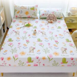 100% Cotton Fitted Sheet with Elastic Bands + 2pc Pillowcases Non Slip Bed Sheet Floral Single Double Twin Twin-XL King Queen Cal-King Bed B84 (Queen (U.S. Standard))