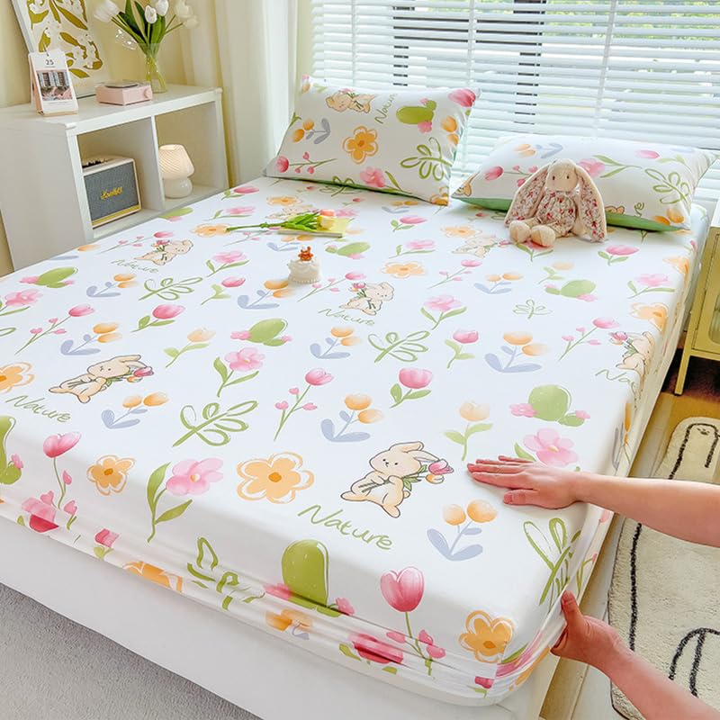 100% Cotton Fitted Sheet with Elastic Bands + 2pc Pillowcases Non Slip Bed Sheet Floral Single Double Twin Twin-XL King Queen Cal-King Bed B84 (Queen (U.S. Standard))